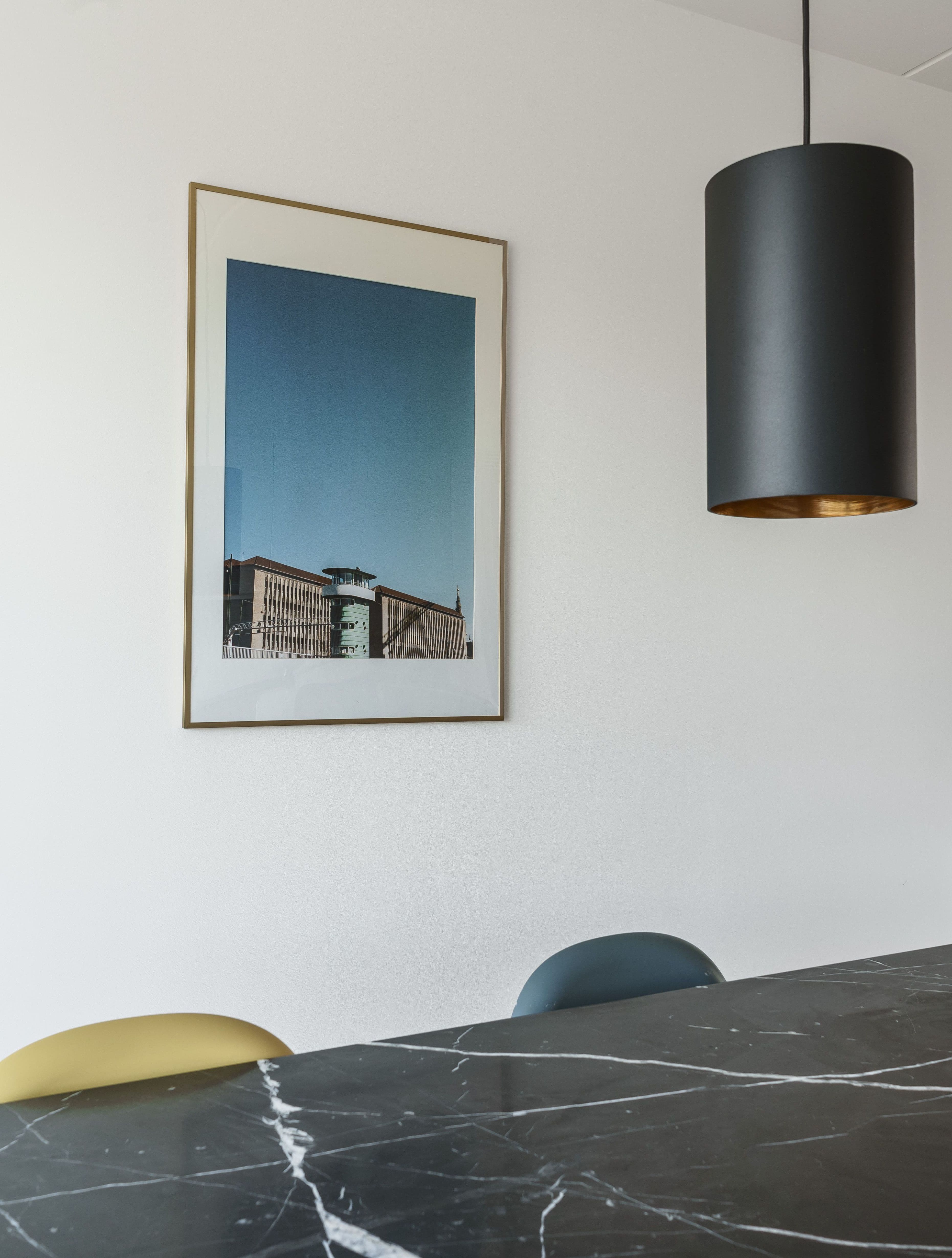A dining room with a table